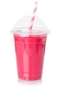 Fruit juice strawberry smoothie straw drink beverage strawberries cup isolated on white