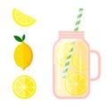 Fruit juice in a transparent glass jar, straw tube. Freshly squeezed lemon juice. Template. Vector