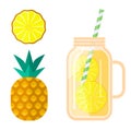 Fruit juice in a transparent glass jar, straw tube. Freshly squeezed pineapple juice. Template. Vector