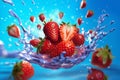 food blue background freshness water strawberry red healthy fruit splash fresh. Generative AI.