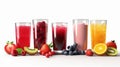 Fruit juices assortment isolated on white background. Generative AI Royalty Free Stock Photo