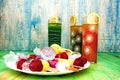 Fruit juices and ice cream concept on abstract background Royalty Free Stock Photo