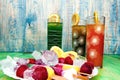 Fruit juices and ice cream concept on abstract background Royalty Free Stock Photo