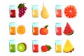 Fruit juices set, orange, apple, watermelon, kiwi. strawberries, pineapple, grapes , pear, grapefruit, drinks for a Royalty Free Stock Photo