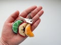 Fruit keychains lies on a woman's palm Royalty Free Stock Photo