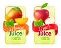 Fruit labels realistic. Packaging stickers with fresh realistic fruits, juices and jam emblems. Mango and apple