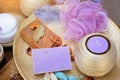 Fruit and lavender handmade artisan soap, lavender aromatic candle, spa set