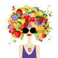 Fruit Lover, Female Portrait, pretty woman in sunglasses. Design for fashion cards, banners, posters