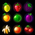 Fruit machine slot icons set . Classic collection symbol for games gambling, mobile app. Vector illustration cartoon Royalty Free Stock Photo