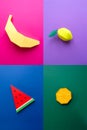 Fruit made of paper. Colorful background. Tropics. Flat lay