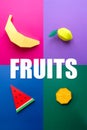 Fruit made of paper. Colorful background. Tropics. Flat lay