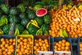 Fruit market. on display summer organic fresh fruit counter watermelons oranges bananas pineapples colorful Royalty Free Stock Photo