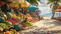 Fruit market with exotic fruits. AI created