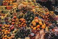 Fruit market with various colorful fresh fruits and vegetables