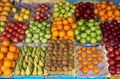 Fruit market with various colorful fresh fruits and vegetables Royalty Free Stock Photo