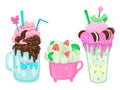 Three different milkshakes. Vector objects on a white background Royalty Free Stock Photo