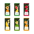 Fruit milk labels set. Organic product badges. Apricot, guava, raspberry, banana, apple, orange milk cartoon vector