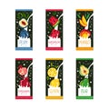 Fruit milk labels set. Organic product badges. Plum, watermelon, mango, pomegranate, lemon, pear milk cartoon vector