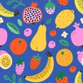 Fruit mix pattern, summer sweet food background, seamless vector texture, pomegranate, lemon and tropical fruit, cute