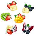 Fruit mix set. Vector illustration of banners with various tropical fruits highlighted on a white background. Fresh Royalty Free Stock Photo