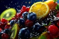 Fruit mix with water splash on dark blue background, closeup generative AI Royalty Free Stock Photo