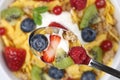 Fruit muesli with yogurt on a spoon Royalty Free Stock Photo