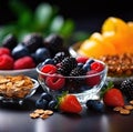 Fruit and nuts in bowls with berries, granola bars, AI Royalty Free Stock Photo