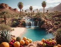 A fruit oasis in the middle of the desert, filled with a variety of tropical fruits