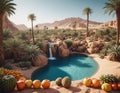 A fruit oasis in the middle of the desert, filled with a variety of tropical fruits