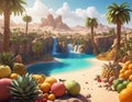 A fruit oasis in the middle of the desert, filled with a variety of tropical fruits