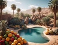 A fruit oasis in the middle of the desert, filled with a variety of tropical fruits