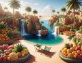 A fruit oasis in the middle of the desert, filled with a variety of tropical fruits