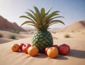 A fruit oasis in the middle of the desert, filled with a variety of tropical fruits