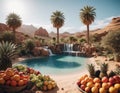 A fruit oasis in the middle of the desert, filled with a variety of tropical fruits