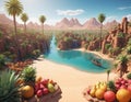 A fruit oasis in the middle of the desert, filled with a variety of tropical fruits