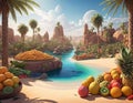 A fruit oasis in the middle of the desert, filled with a variety of tropical fruits