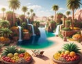 A fruit oasis in the middle of the desert, filled with a variety of tropical fruits