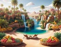 A fruit oasis in the middle of the desert, filled with a variety of tropical fruits