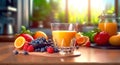 Fruit orange juice and berry with salads dish breakfast on the wooden table, Generative AI