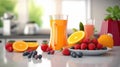 Fruit orange juice and berry with salads dish breakfast on the wooden table, Generative AI