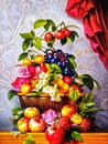 Fruit painting, colorful in a basket. Beautiful picture of colorful Fruits and flowers with white background. Royalty Free Stock Photo