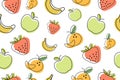 Fruity Seamless Pattern in Outline style. Isolated Fruits with color fill. For your paper, fabric, packaging design.