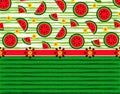 Fruit pattern of the border of watermelons, its slices, seeds and flowers on the original background with the texture of watermelo Royalty Free Stock Photo