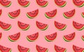 Fruit pattern of fresh watermelon halves on red background Royalty Free Stock Photo