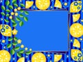 Fruit pattern of lemons, lemon slices, flowers and green twigs on a geometric blue striped background with a gold frame for your t