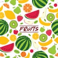 Fruit pattern seamless vector fruity background and fruitful exotic wallpaper with fresh slices of watermelon orange Royalty Free Stock Photo