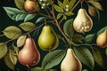 Fruit pattern seamlesspattern of pears and leaves, digital illustration painting artwork