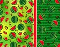 Fruit pattern of slices of watermelon, its seeds on the original background with the texture of watermelon. Royalty Free Stock Photo