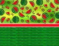 Fruit pattern of watermelon slices, its seeds on a stylish background with a watermelon texture. Royalty Free Stock Photo