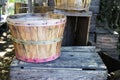 Fruit Picking Basket and Wooden Crates Royalty Free Stock Photo